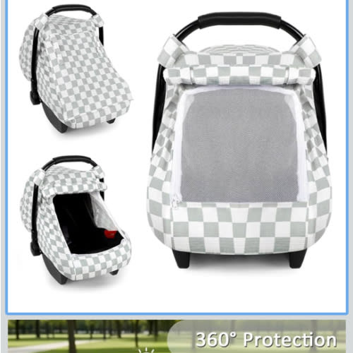 DILIMI Car Seat Covers for Babies, Muslin Cotton Baby Car Seat Cover with Breathable Mesh Window, Summer Infant Car Seat Canopy for Boys Girls Newborn, Green Checkered