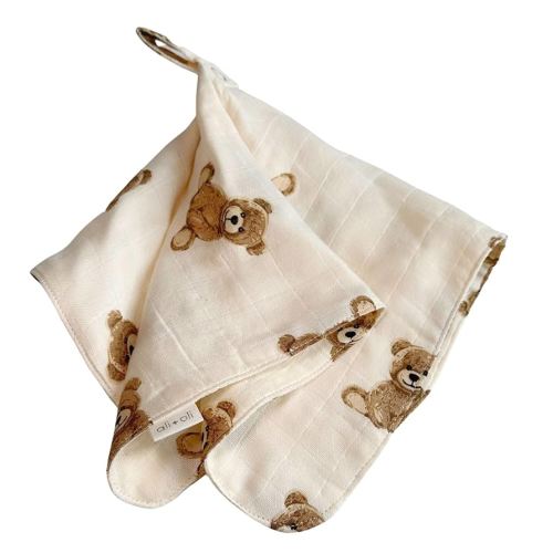 Ali+Oli Security Blanket for Baby – Teddy Bear Pacifier Holder, Soft Muslin Cuddle Blanket with Lead-Free Snap, 15"x15"