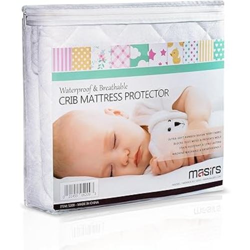 Masirs Crib Mattress Protector Cover - Comfortable, Breathable and Waterproof Material. Keep The Crib Mattress Clean and Protected and Give Your Baby a Cozy Restful Sleep. Machine and Dryer Friendly.