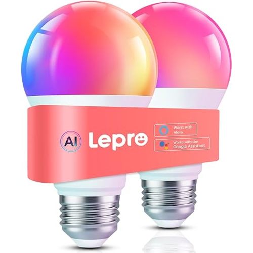 Lepro B1 AI Smart Light Bulbs - WiFi & Bluetooth RGBWW Color Changing LED Bulb Compatible with Alexa & Google Assistant, AI Generated Lighting, AI Voice Control, Music Sync, 2.4GHz Only, 2 Packs
