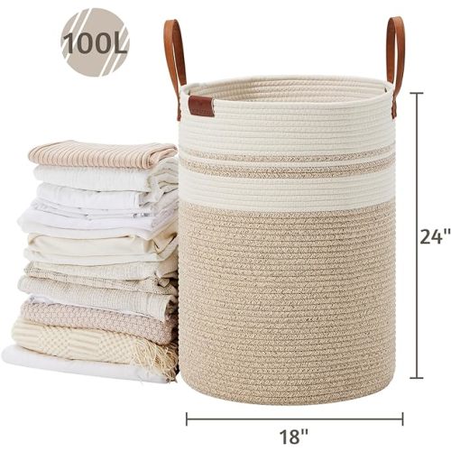 VIPOSCO Tall Laundry Basket, Large Dirty Clothes Hamper with Leather Handle, Woven Rope Storage Basket for Blanket, Toy In Living Room, Bathroom, Bedroom - 100L Brown & White