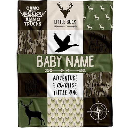 Personalized Adventure Outdoors Baby Blanket, Custom Name Hunting & Wildlife Fleece Throw, Rustic Nursery Decor, Unique, Soft Camouflage Blankie for Boys