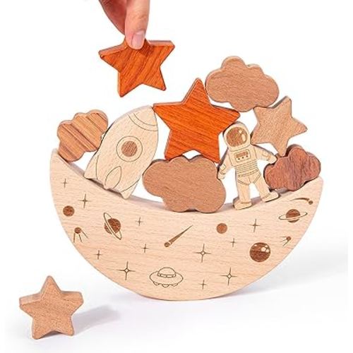 Baby Stacking Toys - Wooden Star Moon Astronaut Stacking Game, Montessori Stacking Toys for Toddlers 1-3, Moon Balance Toy, Toddler Birthday Gift