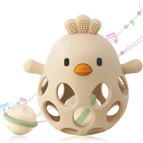 2-in-1 Baby Teething Rattle Toy, Sensory Grasping Teether for Infants 3-12 Months, 100% Food-Grade Silicone, Easy to Hold, Soothing & Developmental, BPA Free