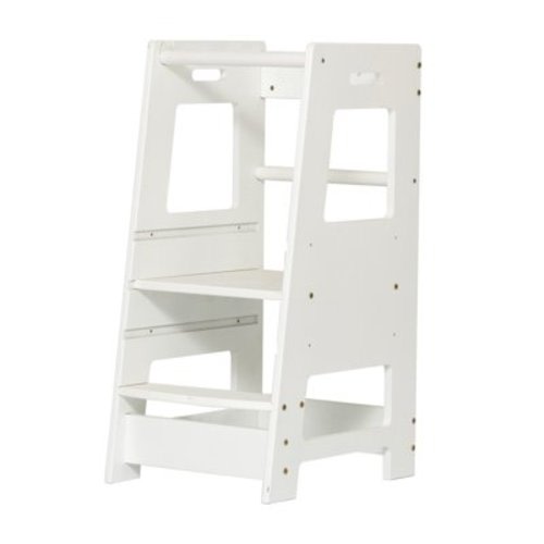 Toddler Tower, Wooden Toddler Kitchen Stool Helper with Adjustable Height, Removable Anti-Drop Safety Rail Stool for Bedroom, Bathroom, White