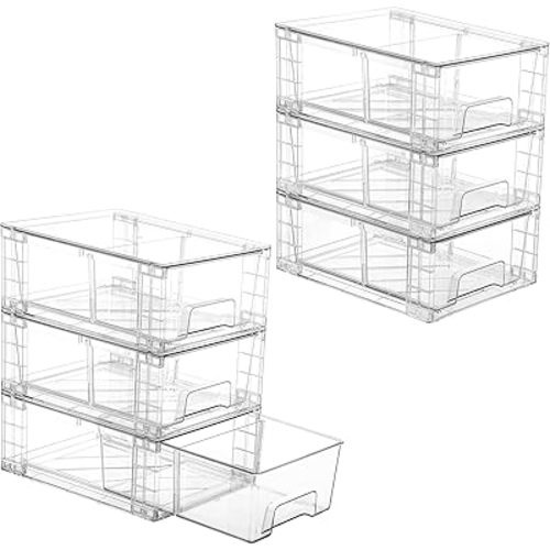 Vtopmart 6 Pack Stackable Storage Drawers,Clear Acrylic Drawer Organizers with Handles, Easily Assemble Containers for Fridge, Bathroom,Kitchen Undersink,Cabinet,Pantry Organization and Storage