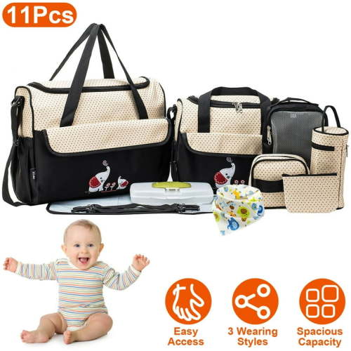 11Pcs Nappy Diaper Bags Mummy Shoulder Bags Multifunctional Diaper Handbags with Food Bag Bottle Bag Diaper Pad Burp Cloth 2 Hook Straps