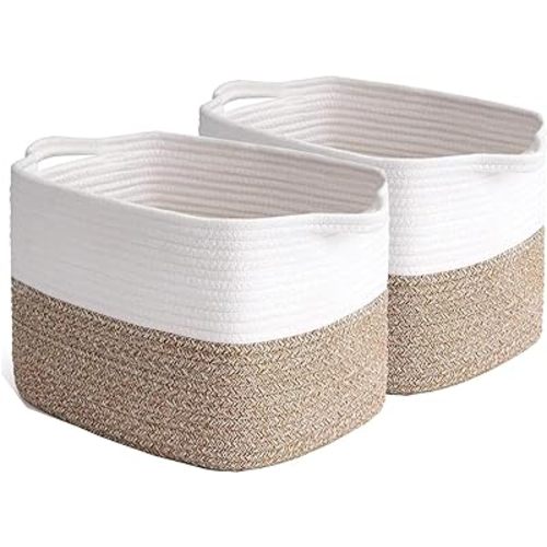 2 Pack Storage Basket for Organizing, Gift Basket Empty, 15''X10''X9'' Storage Bins, Rope Basket with Handles, Blanket Basket for Living Room, Bedroom, Laundry, Nursery, Brown/White.