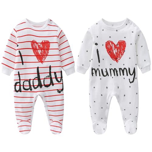 AOMOMO 2-Pack Baby Clothes Newborn Bodysuits I Love Daddy &Mummy Romper, Cotton Footed Pajamas for Baby Boys and Girls