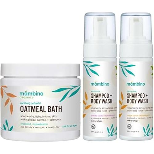 Mambino Organics Baby & Kids Bath Set - Organic Colloidal Oatmeal Bath Soak, Happy Time Shampoo & Body Wash, Soothe Me Shampoo & Body Wash – Cruelty-Free & Vegan Bath Products