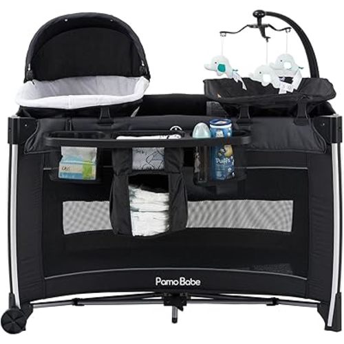 Pamo Babe 4 in 1 Baby Playards with Bassinet & Changing Table, Portable Crib Breathable Mesh and Toy Mobile