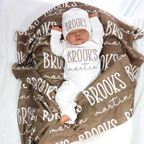 Newborn Outfit Blanket, Custom Baby Boy Blanket with Name, Embroidered Baby Gift, Baby Shower Keepsake, Coming Home Set