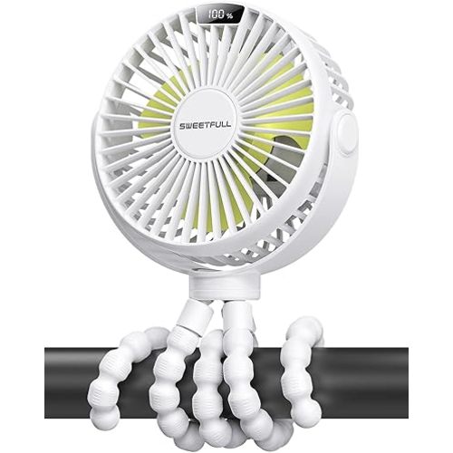 SWEETFULL Portable Stroller Fan with Display 4000mAh Battery Powered Mini Clip On Fan, 4-Speed Rechargeable Small Personal Cooling for Baby Car Seat Crib Travel - White