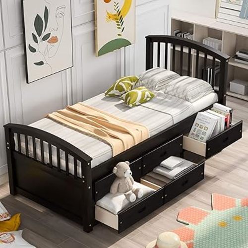 Merax Twin Size Platform Storage Bed Solid Wood Bed with 6 Drawers