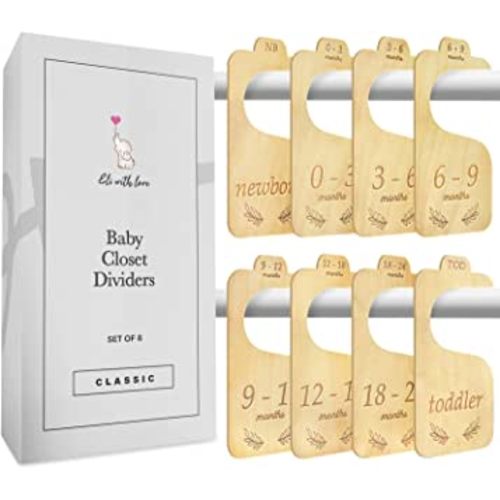 Baby Closet Dividers (Classic) by Eli with Love - 8 Premium Wood Double Sided Baby Closet Size Dividers - Ideal Baby Clothes Dividers for Closet – Organize Nursery Closet Hangers by Size/Age
