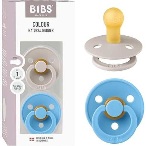 BIBS Colour Pacifier 2-Pack, BPA Free Dummy Binky, Round Nipple. Natural Rubber Latex, Made in Denmark, Size 1 (0-6 Months), Mushroom/Breeze