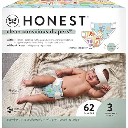 The Honest Company Daytime Diapers for Sensitive Skin | Hypoallergenic, Fragrance Free | Spring '25 Limited Edition Prints | Club Box, Size 3 (16-28 lbs), 62 Count