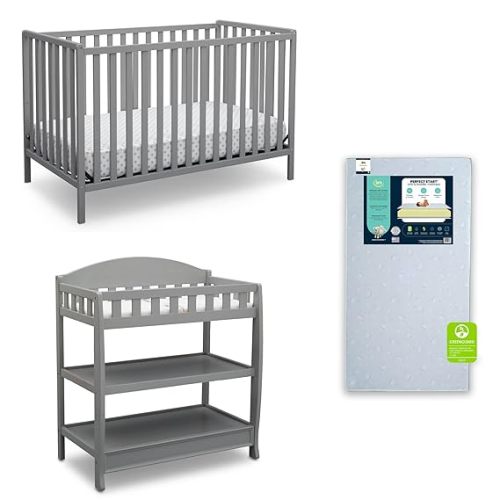 Delta Children Heartland 4-in-1 Convertible Crib Infant Changing Table with Pad + Serta Perfect Start Crib Mattress, Grey - Crib + Mattress + Changing Table