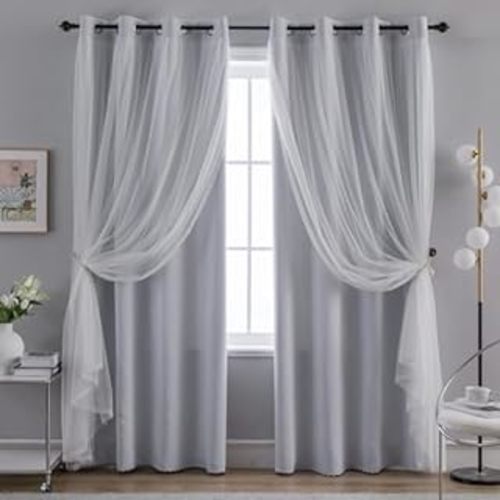 EH8256-09 2-84G Catarina Layered Solid Blackout and Sheer Window Curtain Panel Pair with Grommet Top, 52x84, Winter White, 2 Piece