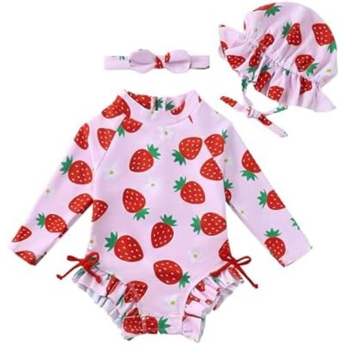 Renotemy Baby Girls Swimsuit Drawstring Zip Bathing Suit Long Sleeve One-Piece Rash Guard Swimwear with Hat for Infant Girl
