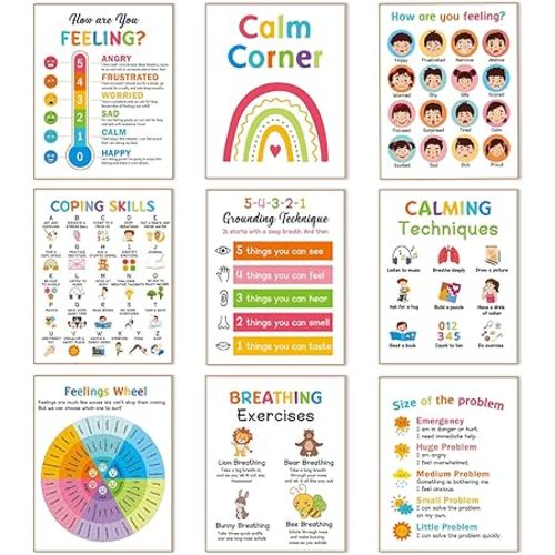 9 Calming Corner Posters, Feelings Chart for Kids, Calm Down Corner Mental Health Posters, Preschool Classroom Educational Poster Emotions Chart Coping Skills, Wall Art Decoration Mood Calming Sticker