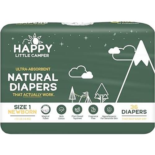 Happy Little Camper Ultra-Absorbent Natural Baby Diapers Size 1 - Hypoallergenic & Chlorine-Free Disposable Diapers Safe for Sensitive Skin - Unscented Newborn Diapers - 36 Count