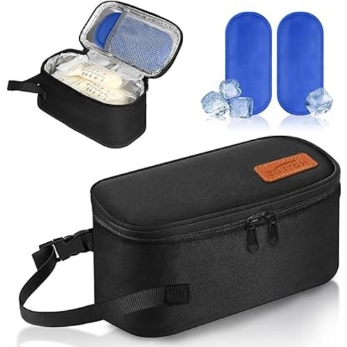 Small Portable Breast Milk Cooler Travel Bag with 2 Ice Packs, TSA Approved, Keeps Frozen Breast Milk Cold 8-10 hrs; fits 5-7 Flat Milk Storage Bags - Diaper Bag Size for Working & Traveling Moms