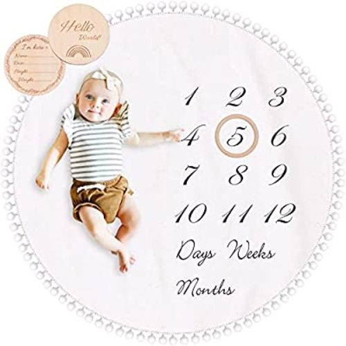 Baby Milestone Monthly Blanket with Double-Sided Milestone Cards and Circle Ring Play Mat Large(43.3" X43.3') Double Sided Pom Pom Ball Thick Flannel Round Rug for Boy Girl, Baby Photography Props