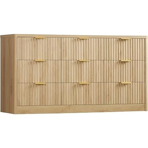 TEENFON Fluted Dresser for Bedroom with 9 Drawers, 63" Wide Modern Chest of Drawers with Metal Handle & Curved Profile Design, Wood Closet Clothes Storage Organizer for Living Room, Hallway, Natural