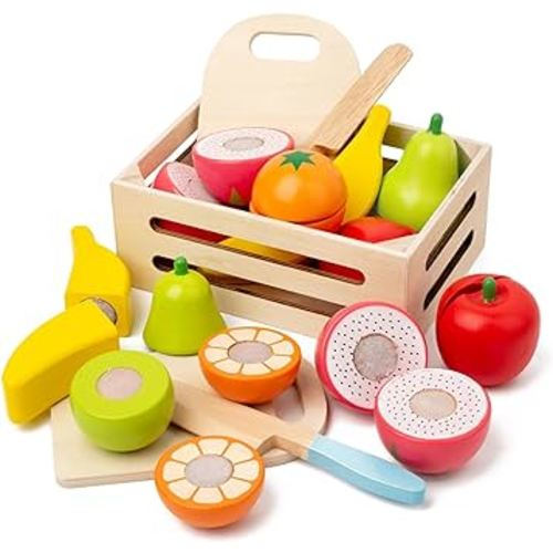 Play Food Sets for Kids Kitchen Wooden Toys Pretend Play Cutting Food Toys for Toddlers Kids Kitchen Accessories Montessori Toys for 3+ Year Old Christmas Birthday Gifts