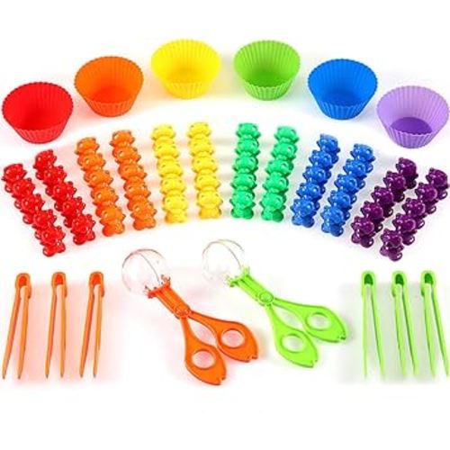 74 Pieces Counting Sorting Bears Fine Motor Skills Handy Scoopers Set Includes 60 Cute Rainbow Sorting Bears, 6 Jumbo Tweezers, 2 Scissors Clips and 6 Colorful Sorting Cups for Children Over 6