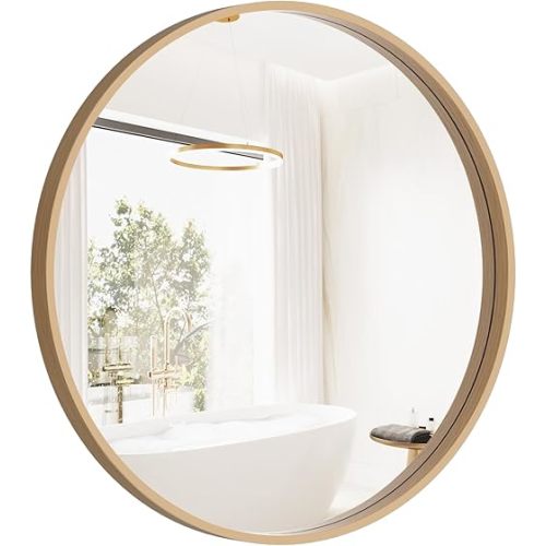 HOMECOOKIN Round Wood Mirror, 24" Round Bathroom Wall Mirror Circle Mirrors for Wall Decor, Vanity, Living Room, Bedroom, Entryway, Natural