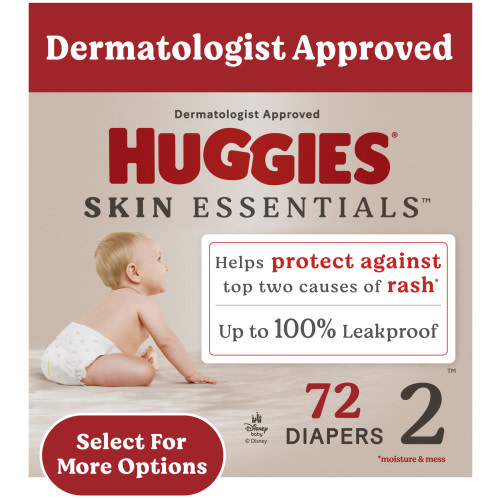 Huggies Skin Essentials Baby Diapers for Sensitive Skin, Size 2 (12-18 lbs), 72 Ct (Select for More)