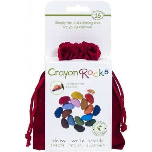 Crayon Rocks, Crayons in a Rock Shape, 16 Count, Tripod Grip Made For Handwriting Development in Kids and Toddlers, Fun & Educational, Creative Activity, Comes in a Red Velvet Bag - 16 Colors