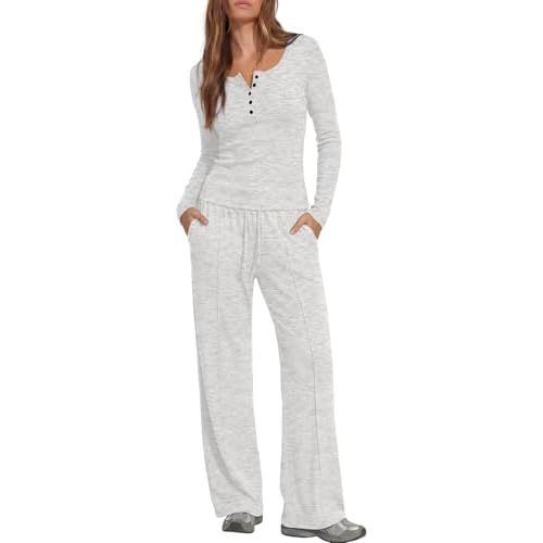 Darong Womens 2 Piece Matching Lounge Sets 2026 Long Sleeve Henley Shirts Wide Leg Pants Airport Travel Outfits