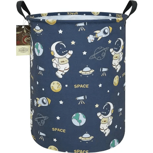 HUNRUNG Laundry Hamper,Large Canvas Fabric Lightweight Storage Basket Toy Organizer Dirty Clothes Collapsible Waterproof for College Dorms(Round-Blue Space Astronaut)