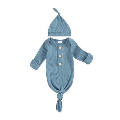 KMBANGI Newborn Baby Boys Girls Knotted Gown Hat Set Long Sleeve Button Infant Sleeper Baby Sleep Gown with Mittens