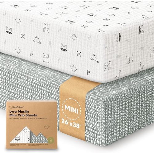 2-Pack Muslin Mini Crib Sheets for Boys, Girls - 38x26 Pack and Play Sheets Fitted, Organic Cotton, Compatible with Graco Pack N Play Mattress, Neutral Toddler Playard Bedding,Soft Breathable (Nordic)