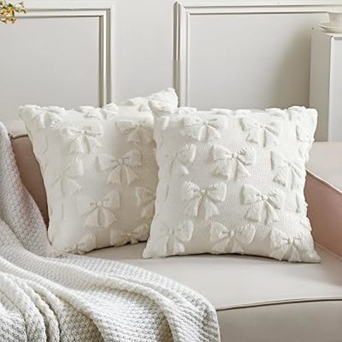 Mixweer Bow Pillow Covers Set of 2 Coquette Room Decor Cute Faux Fur Soft Bowknot Preppy Stuff Fluffy Plush Aesthetic Pillow Covers for Bed Sofa Couch, Fall Christmas Decor(18 x 18 Inch,Cream White)