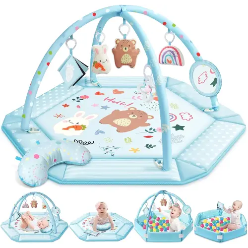 Baby Gym Play Mat, 8-in-1 Tummy Time Mat & Ball Pit with 6 Toys, Washable Baby Activity Mat for Visual, Hearing, Sensory, Motor Development, Baby Gift for Newborn Infant 0-3-6-9-12 Months (Blue)