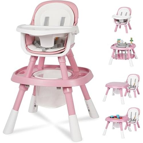 15 in 1 Baby High Chair, Convertible HighChair for Babies and Toddlers with Activity Play Center/Infant Dining Booster Seat/Building Block Table, Safety Harness&PU Cushion Feeding Chair, Pink