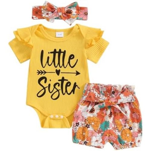 Newborn Baby Girl Clothes Little Sister Rufffle Short Sleeve Romper and Floral Shorts Summer Outfit