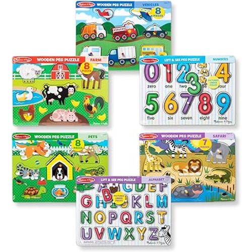 Melissa & Doug Wooden Peg Puzzle 6 Pack Numbers, Letters, Animals, Vehicles