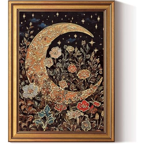 InSimSea Gold Framed Canvas Prints Wall Art, 3D Embossed Vintage Decor, Floral Crescent Moon Lunar Aesthetic Paintings, Dark Cottagecore Wall Decor for Bedroom Living Room Bathroom Shelf, 12x16inch