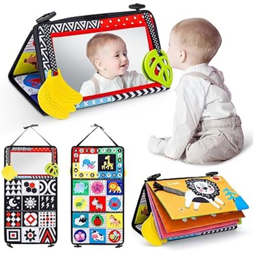 Vasdoo Tummy Time Baby Mirror Toys, High Contrast Black and White Sensory Infant Toys,Brain Developmental Montessori Newborn Toys with Crinkle Cloth Book for Boys and Girls Gift 0 3 6 12 Months