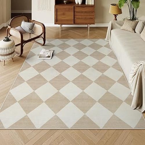 Beeiva Checkered 5x7 Washable Area Rugs for Bedroom, Non Slip Ultra Thin Beige Rugs for Living Room, Moroccan Neutral Soft Low Pile Carpet for Office Dining Room Playroom Kids Room (5'x7')