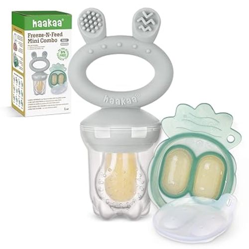 Haakaa Baby Fruit Food Feeder & Mini Freezer Nibble Tray Combo, Breastmilk Popsicle Molds for Baby Cooling Relief, BPA Free Silicone Feeder for Safe Infant Self Feeding, 4 Month+ (Slate Grey)