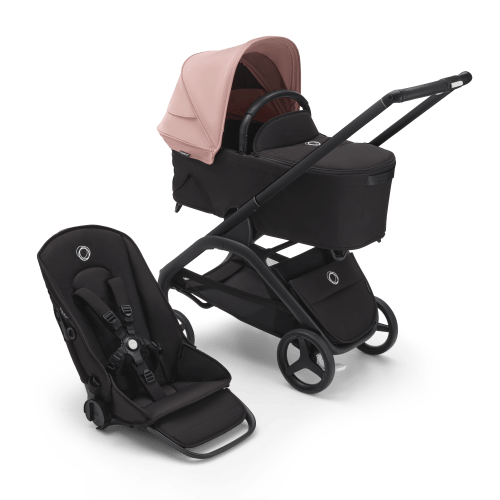 Bugaboo Dragonfly bassinet and seat stroller black base, midnight black fabrics, morning pink sun canopy