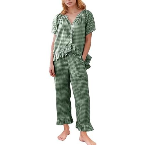 Flygo Womens Plaid 2 Piece Pajamas Sets Gingham Button Down Puff Sleeve Babydoll Shirt Ruffle Pants Y2K Pjs Lounge Set