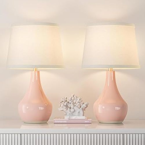 Seealle 19.4" Modern Ceramic Table Lamps for Night Stands - Bedside Lamps Set of 2 for Nightstand, Pink Bedroom Lamp for Living Room Cute Desk End Table Office Guest Room Dresser Rocker Swtich